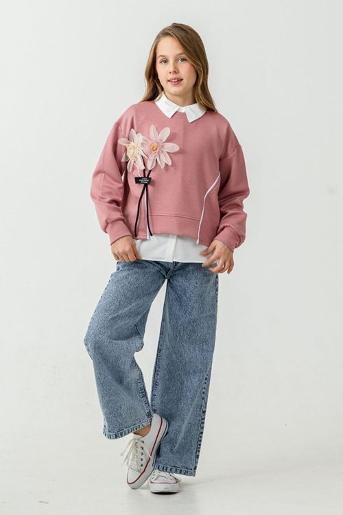 Minigimin Cicileri 3 D Çiçek Detaylı 3 Lü Kız Çocuk Takım - Gül Kurusu