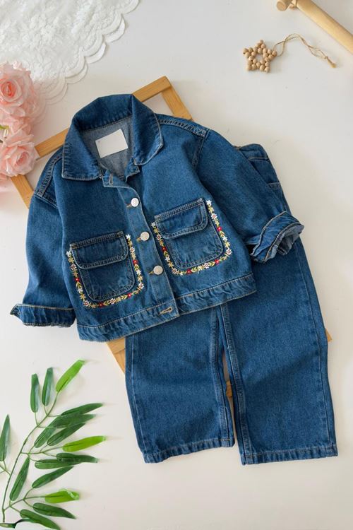 Miniğimin Cicileri Cep Çiçek İşleme Detaylı Kız Çocuk Denim Kot 2 li Takım - Koyu Mavi