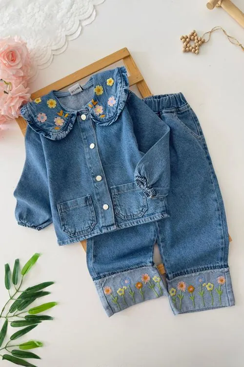 Miniğimin Cicileri  Paça Papatya  Nakış  Detaylı Kız Çocuk Denim Kot 2 li Takım - Mavi