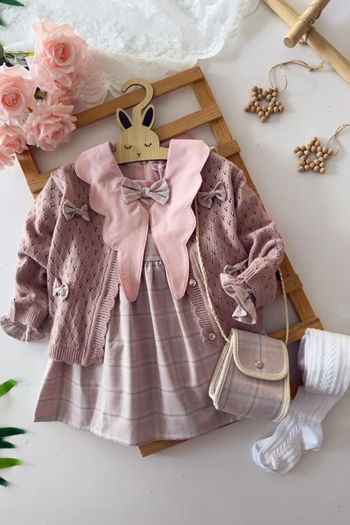 Miniğimin Cicileri Fiyonk Detaylı Triko Hırkalı Asimetrik Yakalı Kız Çocuk 4 lü Elbise Takımı - Gül Kurusu