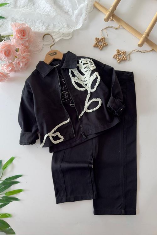 Miniğimin Cicileri Gül Desenli Ceketli 3 lü Takım - Siyah