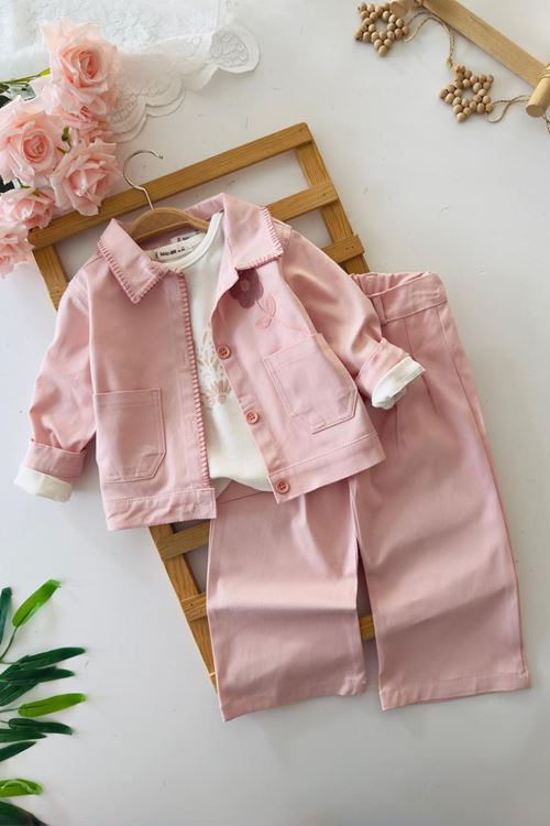 Miniğimin Cicileri Çiçek İşleme Detaylı 3 lü Pamuk Keten Takım - Pudra