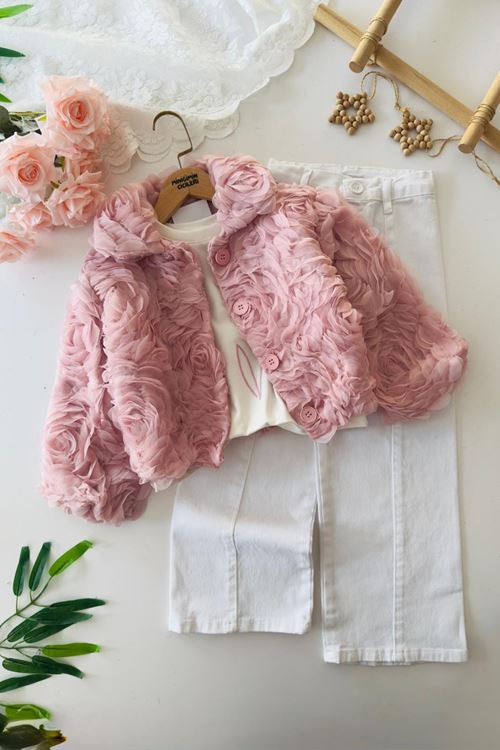 Miniğimin Cicileri Gül Dokulu  Ceketli Beyaz Pantolonlu Kız Çocuk 3’lü Takım - Pembe