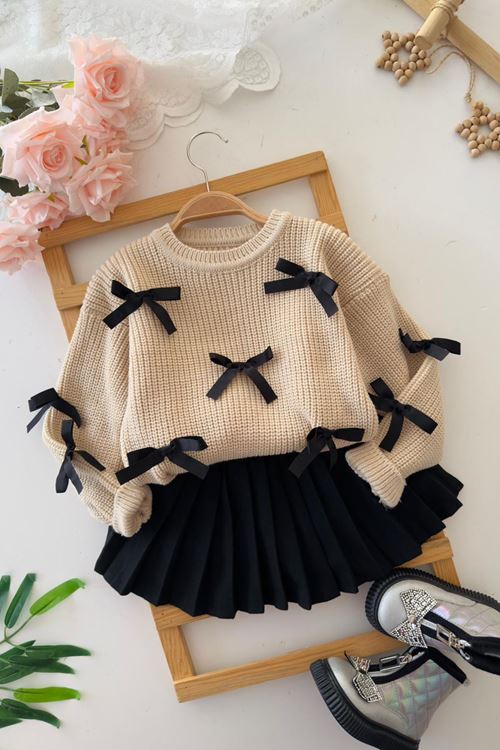 Miniğimin Cicileri Fiyonk Triko Hırkalı PileLi Şort Etekli Kız Çocuk 2 li Takım - Kapuçino