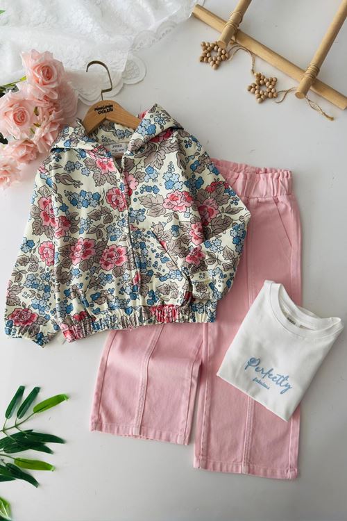 Miniğimin Cicileri Çiçekli  Pamuklu 3 lü Ceketli Takım - Pembe