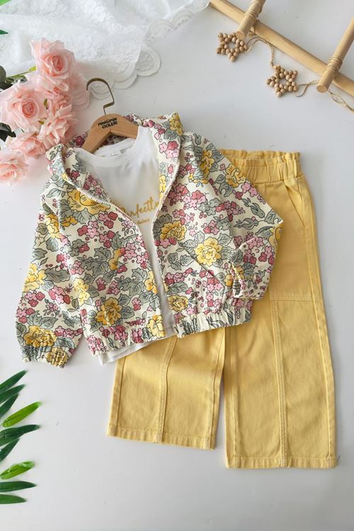 Miniğimin Cicileri Çiçekli  Pamuklu 3 lü Ceketli Takım - Sarı