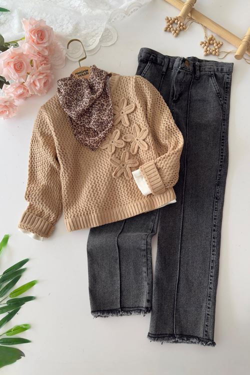 Miniğimin Cicileri File Triko Detaylo Leopar Fularlı 4 lü Takım - Kahve