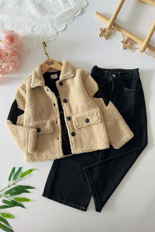 Miniğimin Cicileri Yıldız Detaylı Peluş Kürklü Kız Çocuk 3 lü Takım - Kapuçino