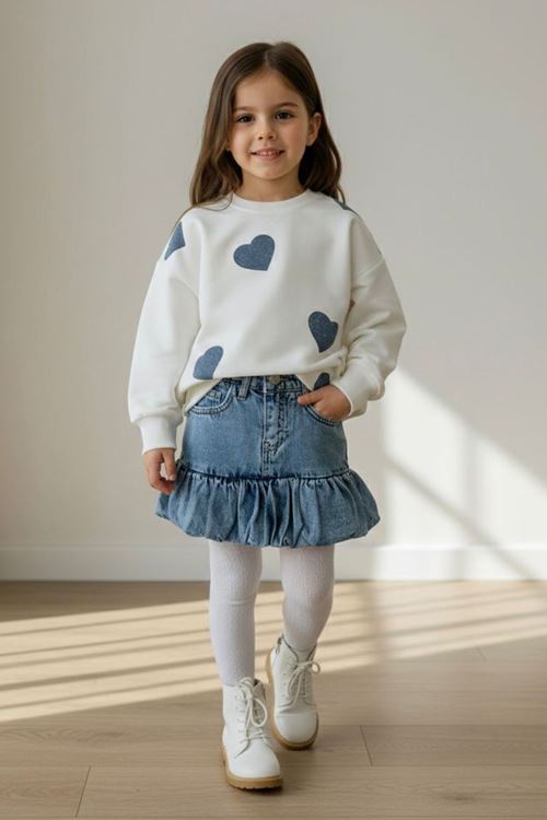 Miniğimin Cicileri Kalp Simli Baskılı Sweat Kot Etekli 2 li Takım -Mavi