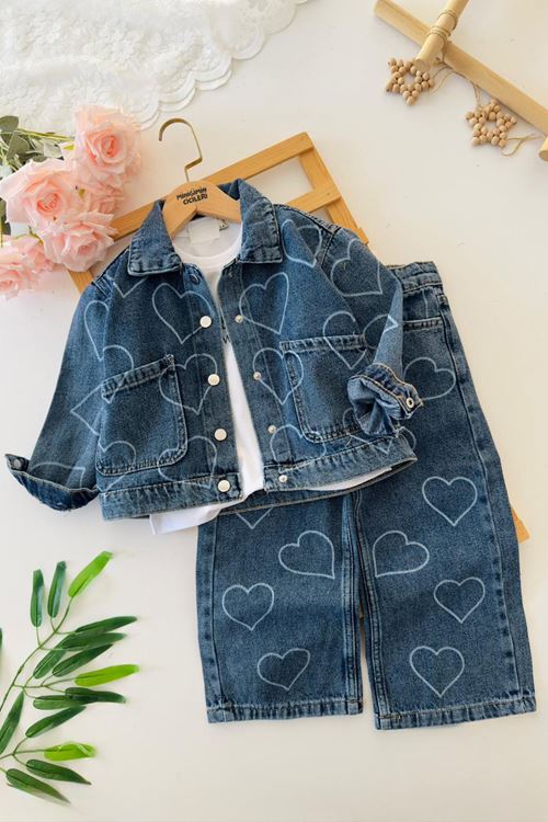 Miniğimin Cicileri Kalp Forever Baskılı Kız Çocuk 3 lü Kot Takım -Mavi