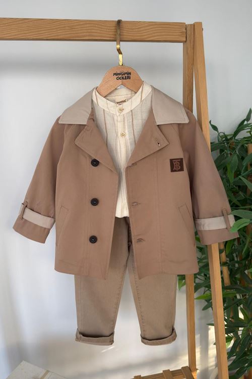 Miniğimin Cicileri Premium Düğmeli Trenç Ceketli Erkek Çocuk Takım - Camel