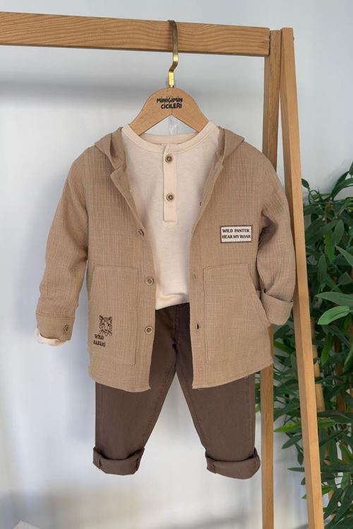 Miniğimin Cicileri Premium Kaplan Baskılı Müslin Erkek Çocuk Kapüşonlu 3 lü Takım - Camel