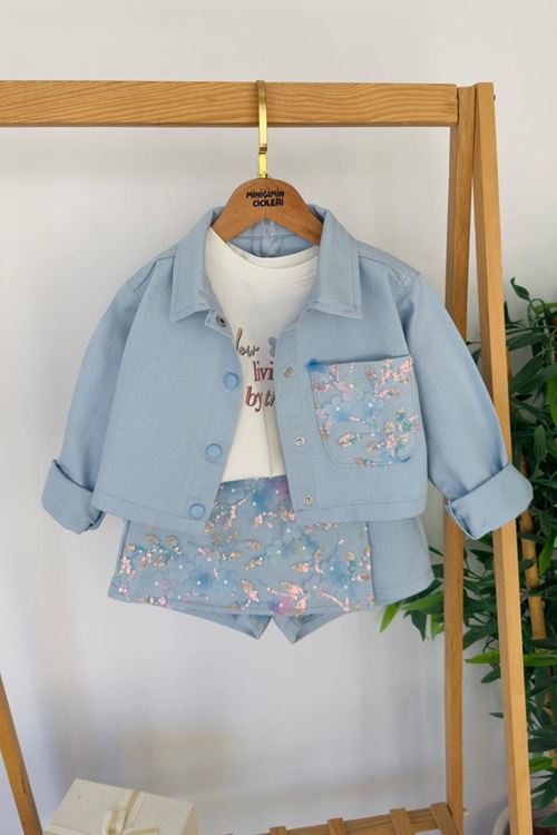 Miniğimin Cicileri Payetli Çiçek İşleme Cep Detaylı Şort  Etekli Kız Çocuk 3 lü Takım - Mavi