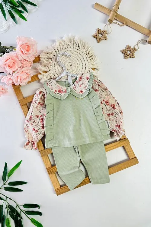 Miniğimin Cicileri Yaka Kol Gül Desenli Kız Bebek 2 li Takım - Yeşil