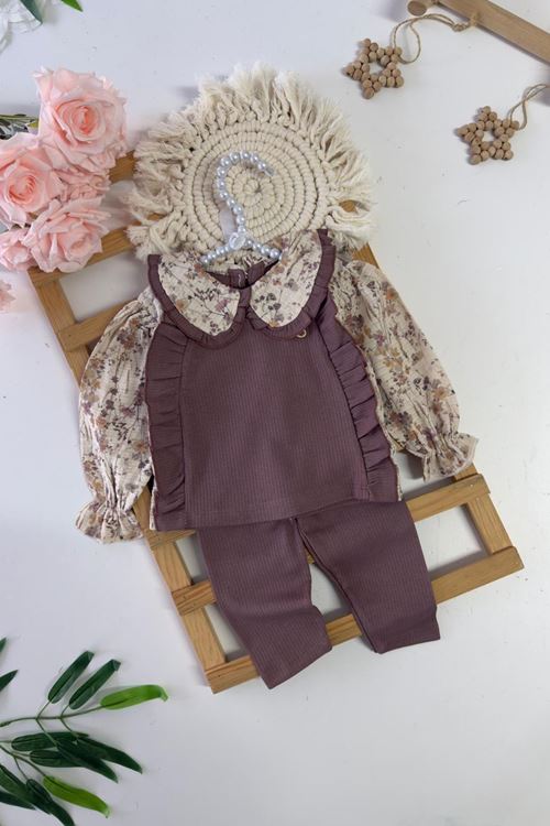Miniğimin Cicileri Yaka Kol Gül Desenli Kız Bebek 2 li Takım - Mürdüm