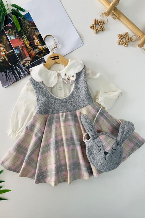 Miniğimin Cicileri Ekose Detaylı Elbise Yaka İşleme Detaylı Gömlekli Kız Çocuk 3 lü Takım - Gri
