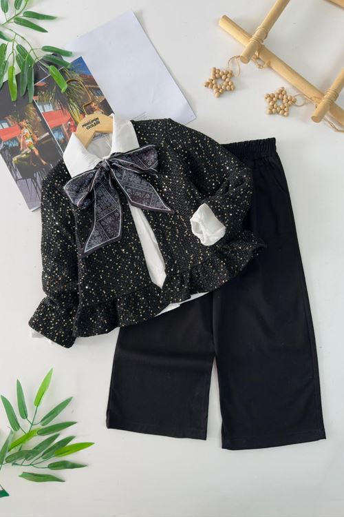 Miniğimin Cicileri Pullu Hırkalı Fular Detaylı Kız Çocuk 3 lü Gömlekli Takım - Siyah