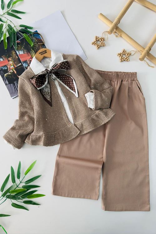 Miniğimin Cicileri Pullu Hırkalı Fular Detaylı Kız Çocuk 3 lü Gömlekli Takım - Vizon