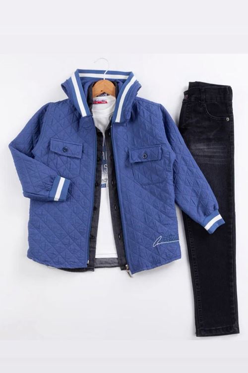 Miniğimin Cicileri (9-12) Kapitone İşlemeli Kapüşonlu Erkek Çocuk 4 lü Takım - Mavi