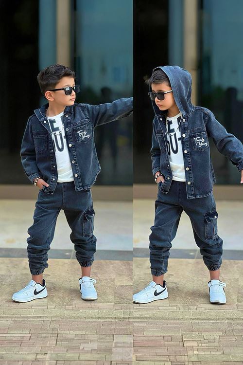 Miniğimin Cicileri Trendy Kotlu Kapüşonlu 3 lü Erkek Çocuk Takım - Siyah