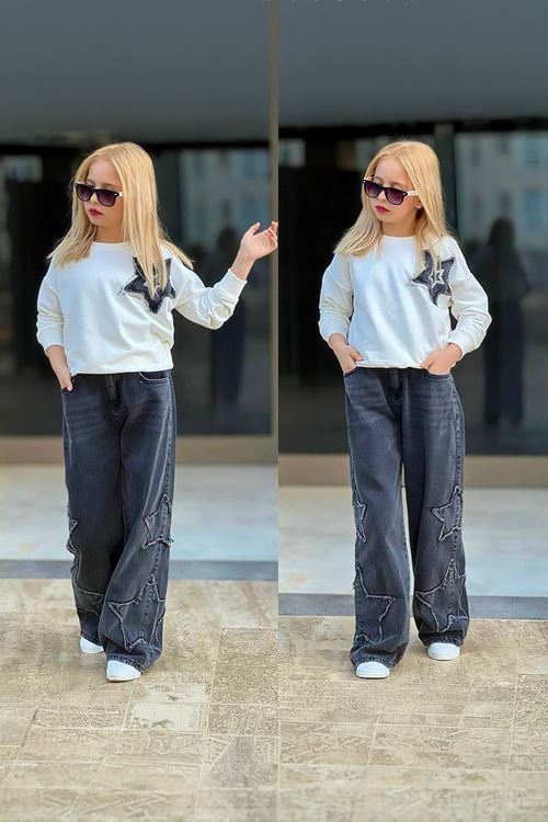 Miniğimin Cicileri Yıldız Detaylı Pul İşlemeli  Kot Pantolonlu Kız Çocuk 2 li Takım - Gri