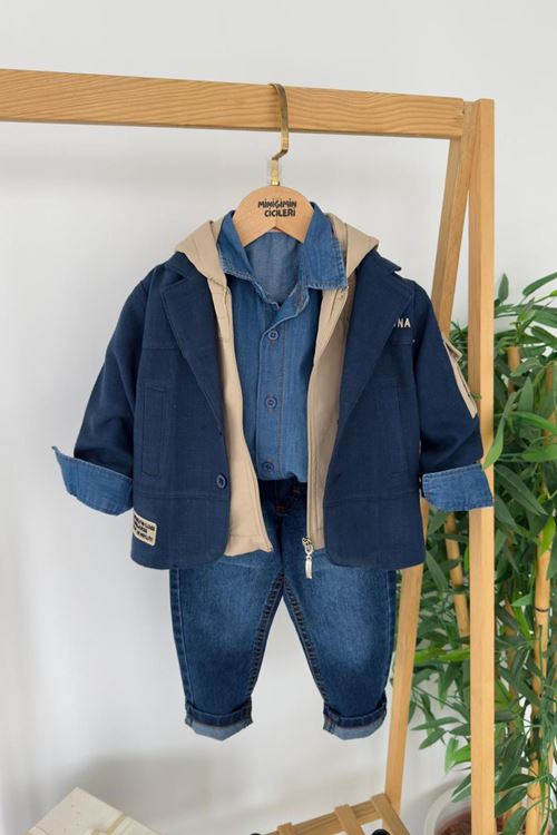 Miniğimin Cicileri Arizona İşleme Ceketli Kapüşonlu Yelekli 4 lü Erkek Çocuk Takım - Lacivert
