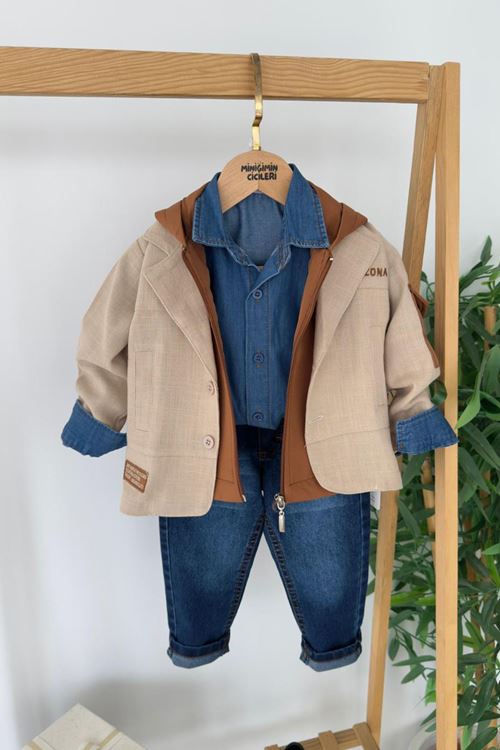 Miniğimin Cicileri Arizona İşleme Ceketli Kapüşonlu Yelekli 4 lü Erkek Çocuk Takım - Camel