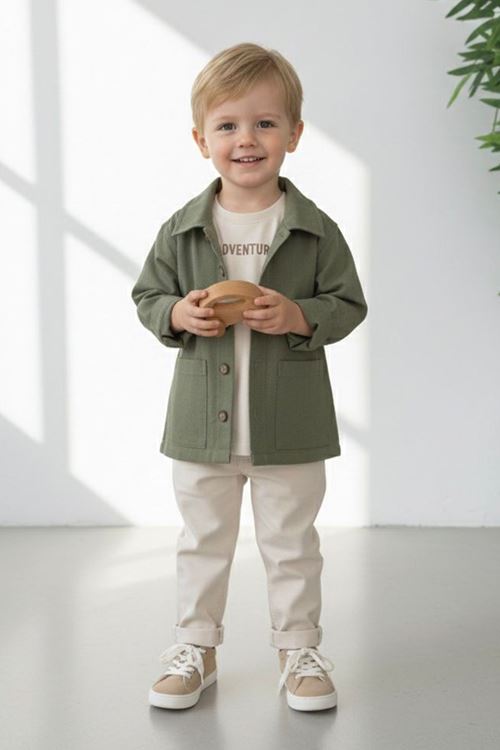 Miniğimin Cicileri Adventure Baskılı Keten Gömlekli Erkek Çocuk 3 lü Takım - Haki