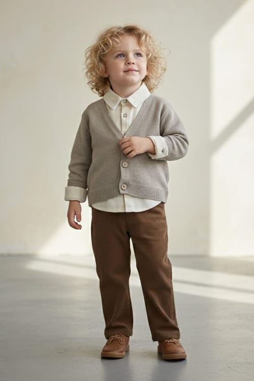 Minigimin Cicileri Triko Hırkalı Gömlek Pantolon Erkek Çocuk 3 lü Takım -Taş