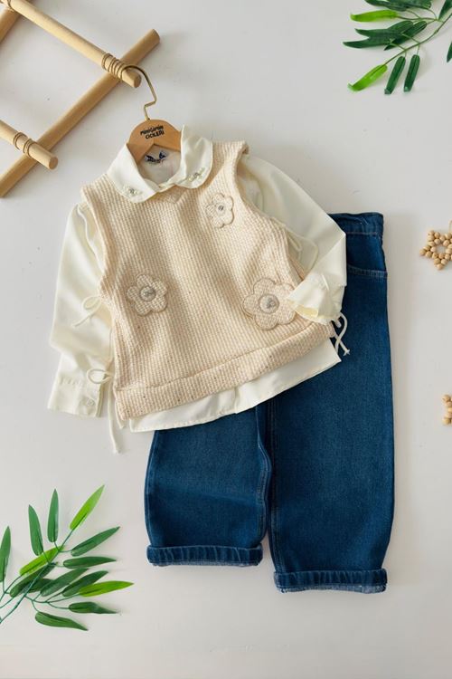 Miniğimin Cicileri Papatya Aplikeli Triko Pullu Süveterli Kız Çocuk 3’lü Takım - Bej