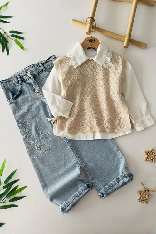 Miniğimin Cicileri Premium Örgü Süveterli  Nakış Taş Detaylı Kot Pantolonlu Kız Çocuk 3’lü Takım - Krem