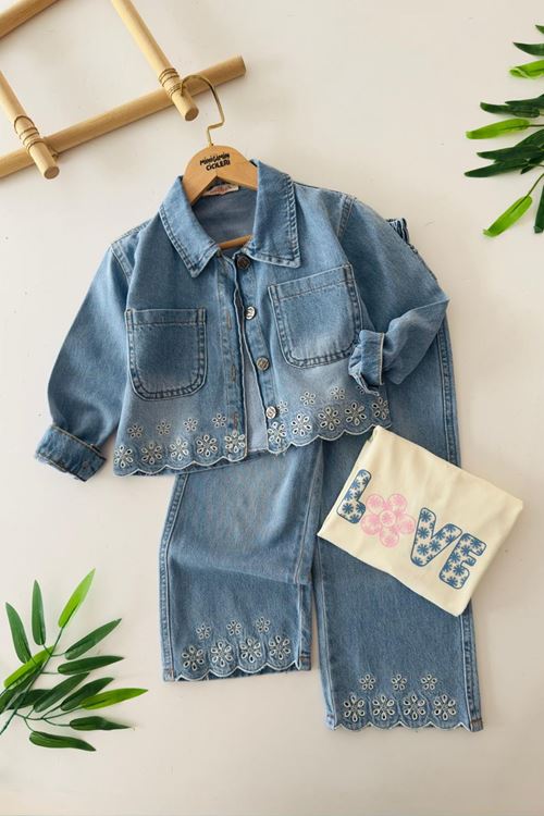 Miniğimin Cicileri Love Baskılı Papatya Lazer Kesim 3 lü Kot Kız Çocuk Takım - Açık Mavi