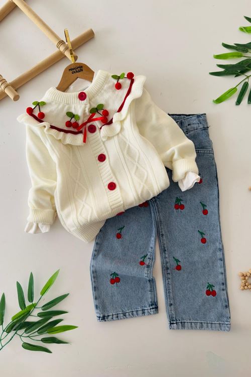 Miniğimin Cicileri Kiraz detaylı İşlemeli Kız Çocuk 3 lü takım - Krem