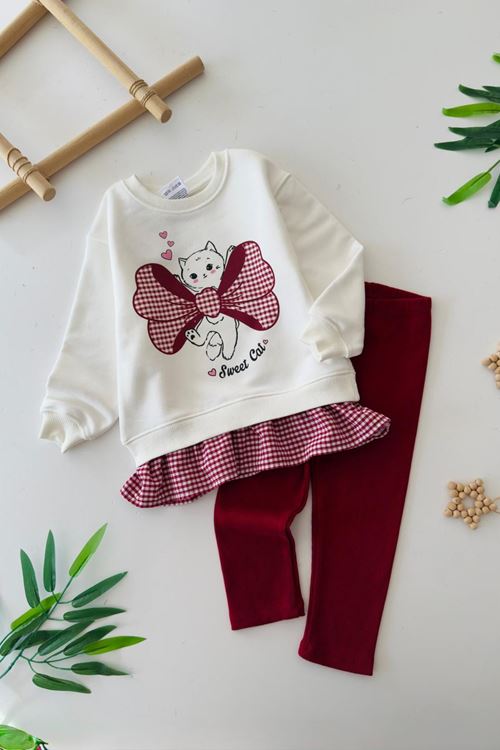 Miniğimin Cicileri Kedicik Baskı Pötikare Detaylı Kız Çocuk 2 li Takım - Bordo