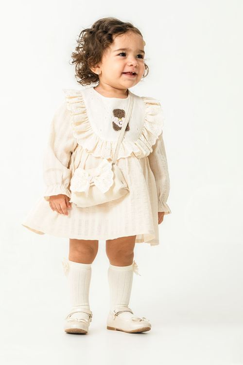 Miniğimin Cicileri Bear Nakışlı Fırfırlı Prenses Elbise 2’li Kız Bebek Takımı - Bej