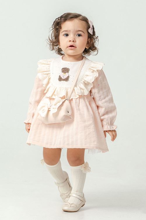 Miniğimin Cicileri Bear Nakışlı Fırfırlı Prenses Elbise 2’li Kız Bebek Takımı - Somon