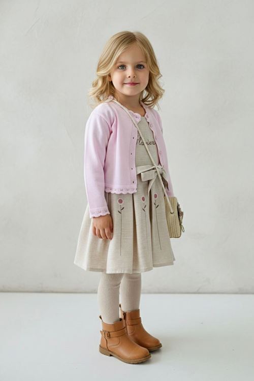 Miniğimin Cicileri Papatya İşleme Detaylı Elbise Hırka ve Çanta Kız Çocuk Kombin - Şeker Pembe