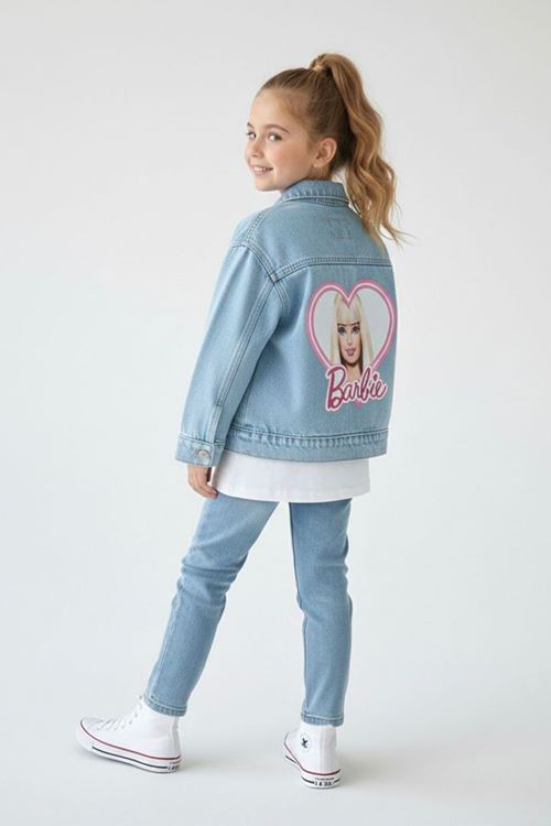 Miniğimin Cicileri Karakterli Cepli Düğmeli Barbie Çocuk Kot Ceket - Açık Mavi