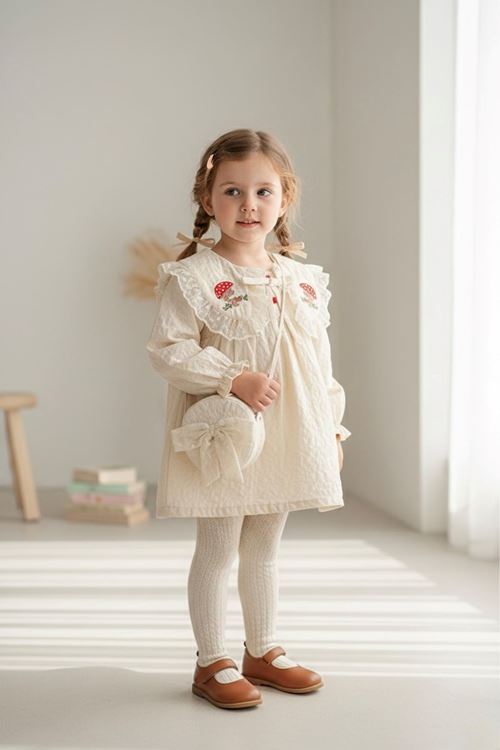 Miniğimin Cicileri Mantar Nakışlı Çantalı Kız Bebek Elbise 2’li Takım (1–4 Yaş) - Krem