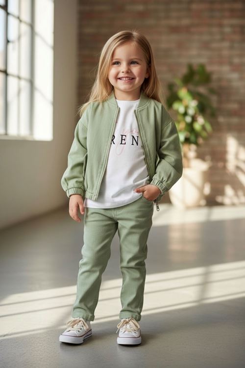 Miniğimin Cicileri Trend Baskılı Gabardın Ceketli Kız Çocuk 3 lü Takım - Yeşil