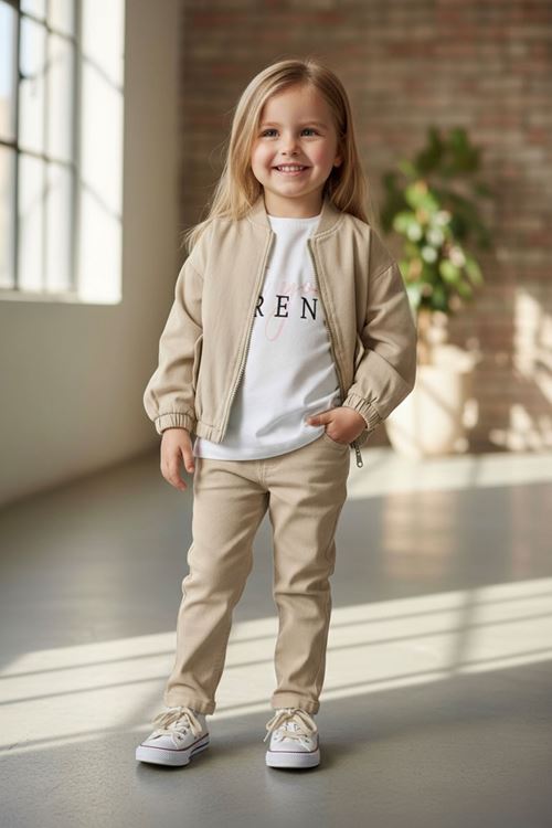 Miniğimin Cicileri Trend Baskılı Gabardın Ceketli Kız Çocuk 3 lü Takım - Bej