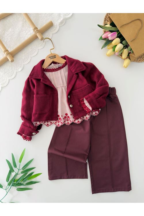 Miniğimin Cicileri  Kaşe Ceketli Lazer Nakışlı 3'lü Takım - Bordo