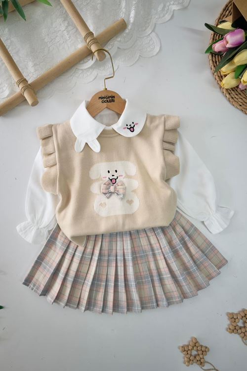 Miniğimin Cicileri Sevimli Tavşan Desenli Ekose Etekli Triko Kız Çocuk 3 lü Takım - Krem