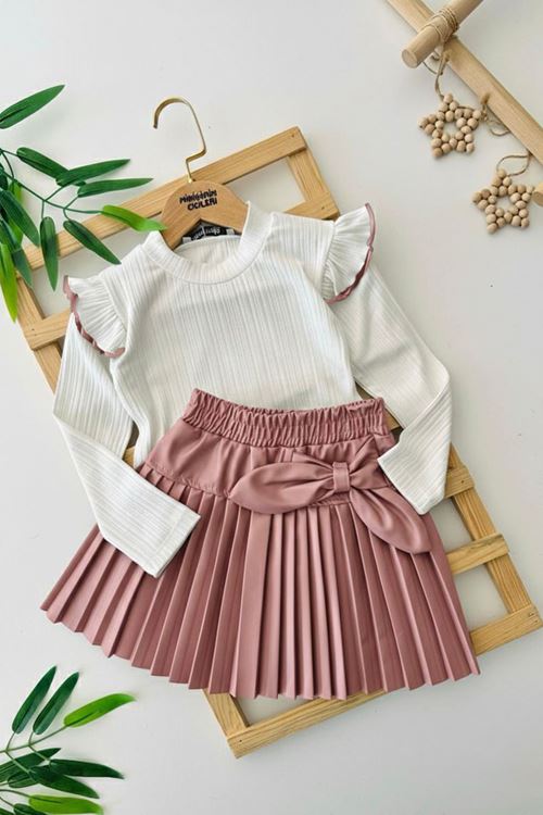 Miniğimin Cicileri Suni Deri Piliseli Etekli Kız Çocuk 2 li Takım - Pembe