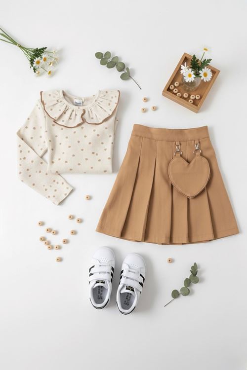 Miniğimin Cicileri Kalp Çanta Detaylı Müslin Gömlekli Kız Çocuk 2 li Takım - Kahve