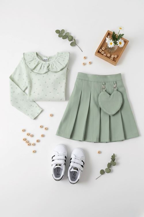 Miniğimin Cicileri Kalp Çanta Detaylı Müslin Gömlekli Kız Çocuk 2 li Takım - Yeşil