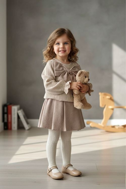 Miniğimin Cicileri Fiyonk Detaylı Müslin Pamuklu Kız Çocuk Etekli Takım - Pudra