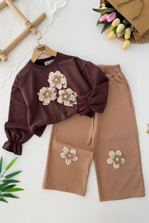 Miniğimin Cicileri Örgü Çiçek  Detaylı Kız Çocuk 2 li Takım - Kahverengi
