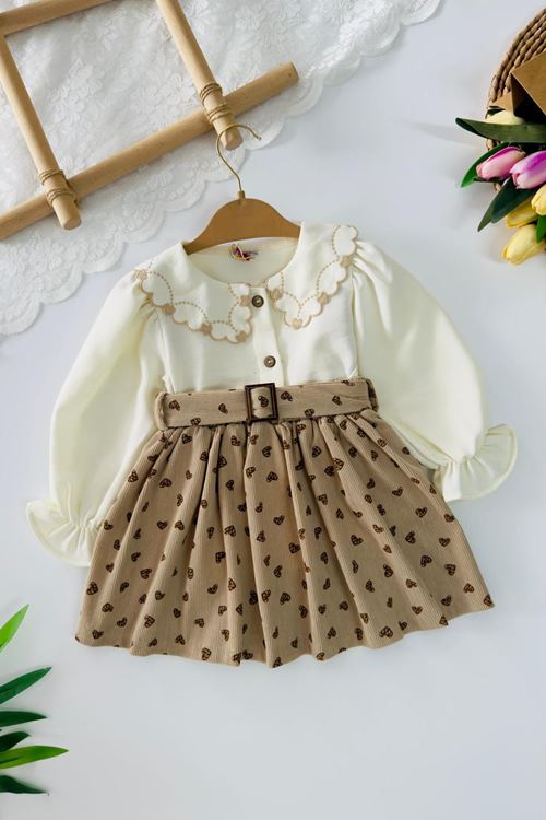 Miniğimin Cicileri Kadife Kalp Desenli Yaka Detaylı Kız Çocuk 2 li Takım - Bej