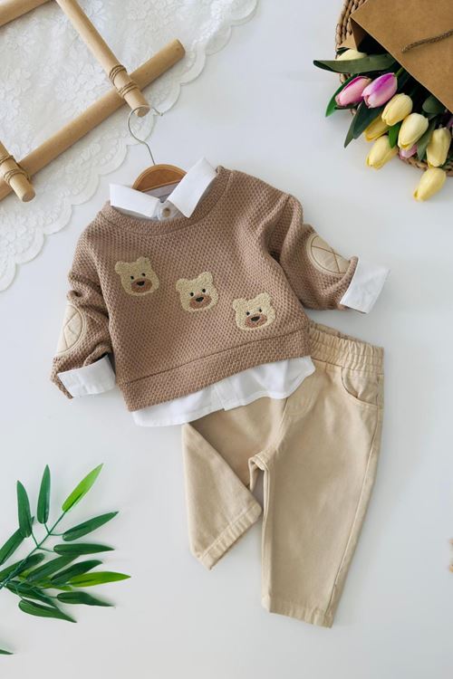 Miniğimin Cicileri Ayıcık Nakışlı Örgü Sweatshirt ve Pantolon Erkek Bebek 3lü Takım - Vizon
